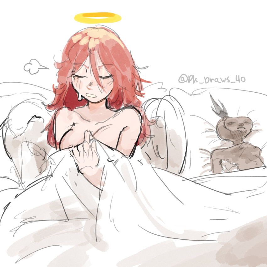 absurdres after_sex angel_devil_(chainsaw_man) angel_wings bed_sheet blush breasts chainsaw_man closed_eyes covering covering_breasts genderswap guy_tired_after_sex_(meme) halo hayakawa_aki hiding_breast highres light_blush meme messy_hair on_bed open_mouth pk_draws_40 red_hair sketch sweatdrop twitter_username under_covers wings