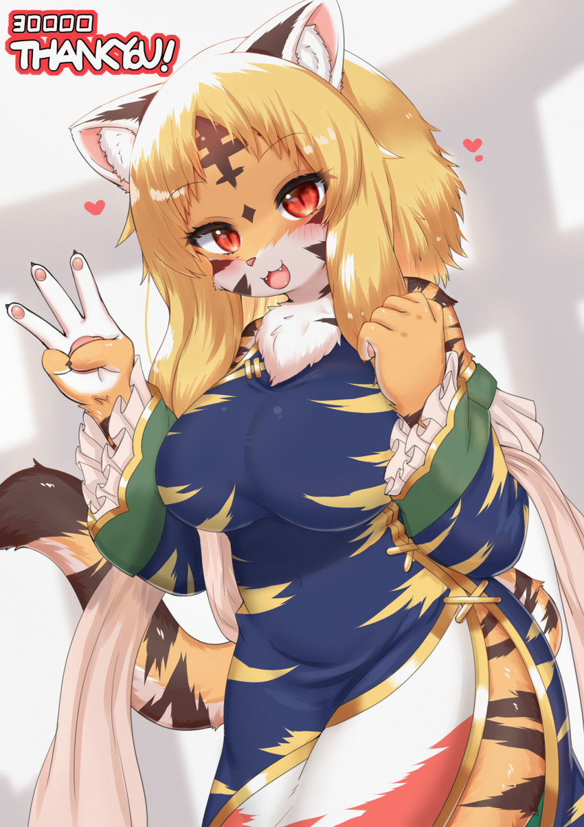 &lt;3 2023 5_fingers anthro asian_clothing blonde_hair blush breasts brown_body brown_fur chest_tuft chinese_clothing chinese_dress claws clothed clothing digital_media_(artwork) dress east_asian_clothing felid female female_anthro finger_claws fingers fluffy fur hair hi_res horokusa0519 inner_ear_fluff kemono mammal multicolored_body multicolored_fur multicolored_tail open_mouth orange_body orange_fur pantherine pawpads portrait pupils red_eyes slit_pupils solo tail text three-quarter_portrait tiger tongue tora-chan_(horokusa) tuft white_body white_fur