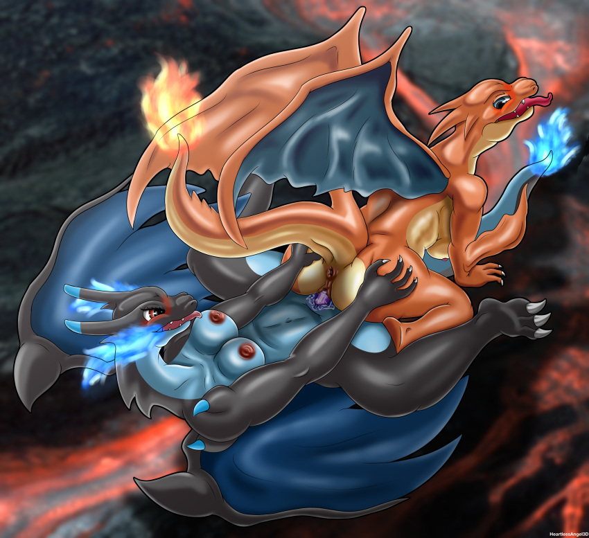 absurd_res anthro anus blush bodily_fluids breasts butt charizard claws digital_media_(artwork) dildo double_dildo dragon duo female female/female fire generation_1_pokemon genital_fluids genitals heartlessangel3d hi_res mega_charizard mega_charizard_x mega_charizard_y mega_evolution nintendo nipples nude open_mouth pokemon pokemon_(species) pussy scalie sex sex_toy smile tail tongue vaginal wings