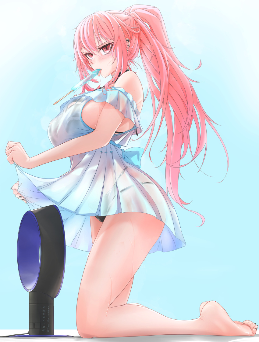 1girl absurdres ass bare_legs barefoot bikini blue_background blush breasts clothes_lift dress dress_lift ear_piercing electric_fan feet food food_in_mouth hair_between_eyes highres hololive hololive_english hot kneeling large_breasts long_bangs long_hair looking_at_viewer mori_calliope piercing pink_hair ponytail popsicle popsicle_in_mouth red_eyes see-through sideboob sidelocks simple_background summer sweat sweaty_clothes swimsuit swimsuit_under_clothes the_raineman tongue tongue_out