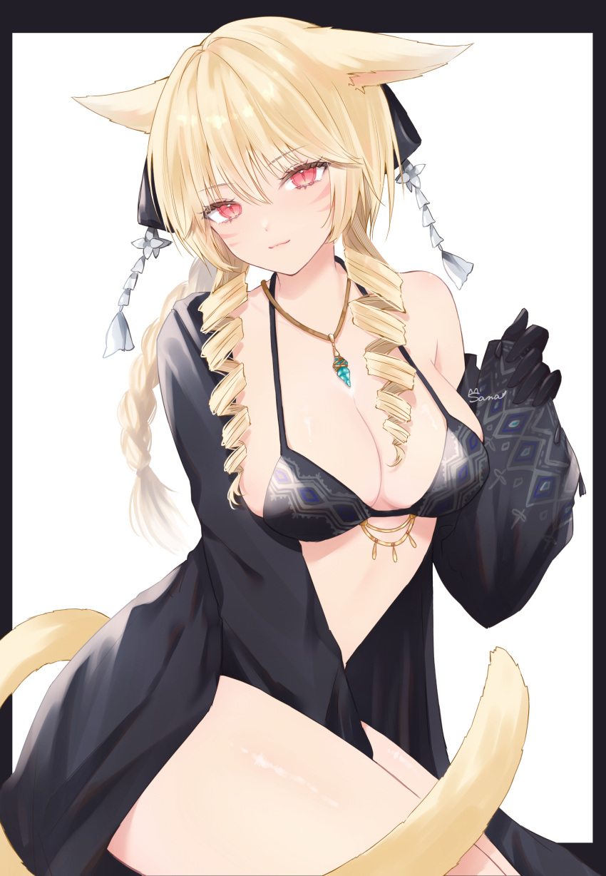 1girl absurdres animal_ears black_gloves black_jacket blonde_hair breasts cat_ears cat_tail cleavage drill_hair drill_sidelocks facial_mark final_fantasy final_fantasy_xiv gloves highres jacket jewelry large_breasts long_hair miqo'te necklace open_clothes open_jacket red_eyes sana_(sanamaru_0w0) sidelocks solo swept_bangs tail