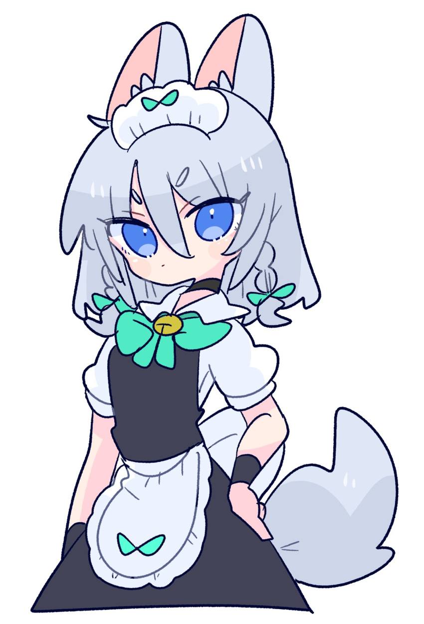 1girl animal_ears apron bell black_dress blue_eyes bow braid chibi dog_ears dog_tail dress green_bow grey_hair highres inu_sakuya_(nejikirio) izayoi_sakuya jingle_bell kemonomimi_mode maid maid_headdress op_na_yarou shirt short_hair simple_background solo tail touhou twin_braids white_background white_shirt