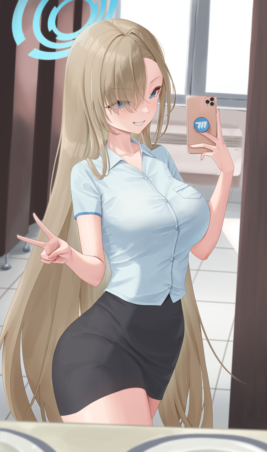 1girl absurdres asuna_(blue_archive) black_skirt blue_archive blue_eyes blue_halo breasts buttons cellphone collared_shirt cowboy_shot fingernails grin hair_over_one_eye halo highres holding holding_phone large_breasts light_brown_hair long_hair pencil_skirt phone rinrasetsu shirt short_sleeves skirt smartphone smile solo v white_shirt