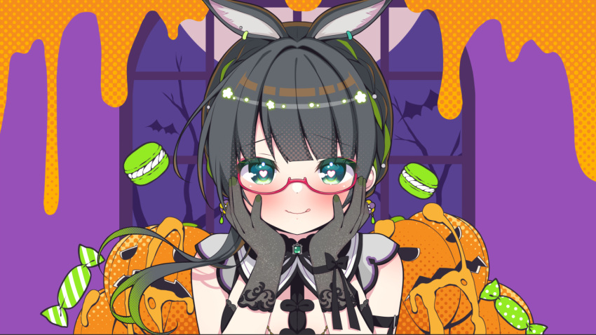 1girl :q animal_ear_fluff animal_ears bare_tree black_hair blush braid candy_wrapper closed_mouth commentary_request copyright_request ear_piercing food gloves green_eyes green_hair green_nails grey_gloves hanamiya_natsuka hands_on_own_face hands_up heart heart-shaped_pupils highres jack-o'-lantern macaron multicolored_hair nail_polish piercing red-framed_eyewear see-through semi-rimless_eyewear smile solo streaked_hair symbol-shaped_pupils tongue tongue_out tree under-rim_eyewear window