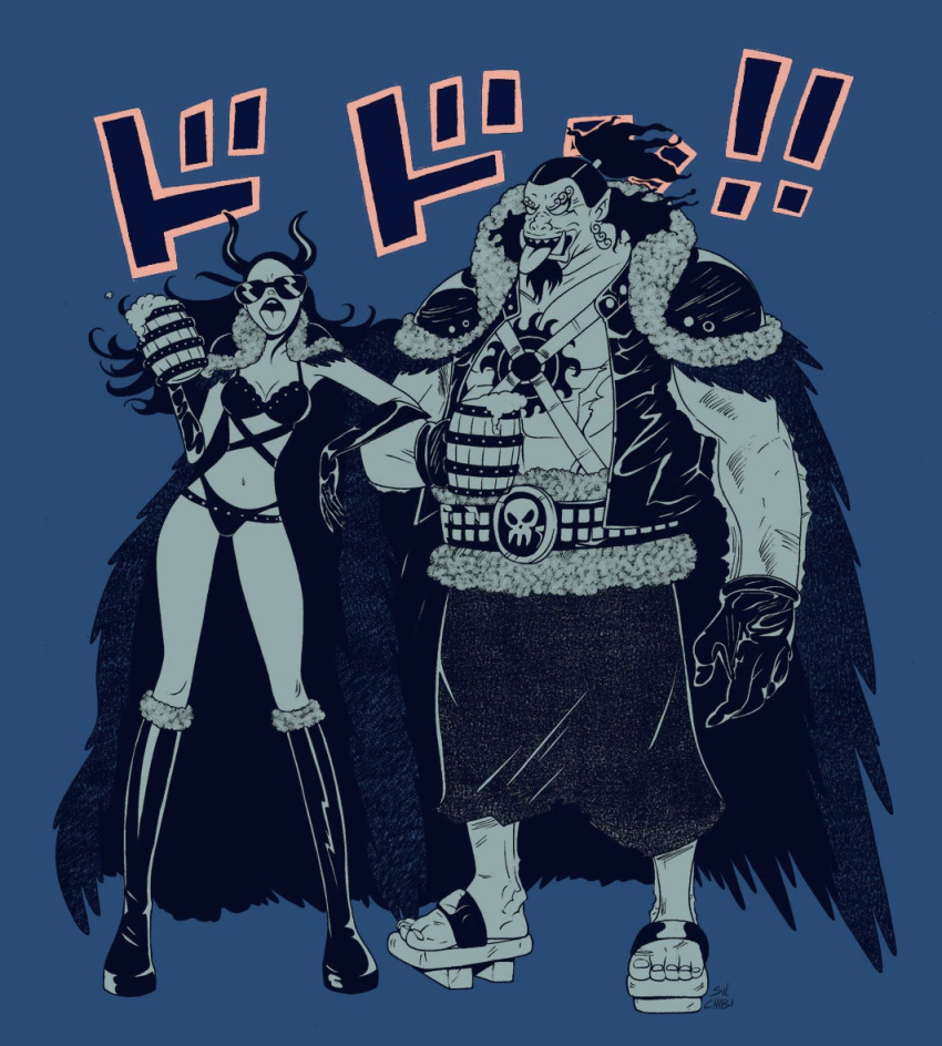 ! 1boy 1girl alcohol armor beer beer_mug belt bikini black_cape black_gloves black_hair blue_background cape chest_tattoo cup empty_eyes facial_hair fake_horns fangs fish_boy full_body fur_trim gloves goatee high_ponytail holding horns jinbe_(one_piece) long_hair mug multicolored_hair nico_robin one_piece ponytail scar scar_across_eye sharp_teeth shoulder_armor silchibi sunglasses swimsuit tattoo teeth tongue tongue_out two-tone_hair