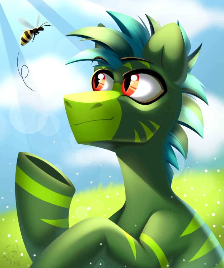 2023 arthropod bee blue_hair brass_(brass_cheetah) colored detailed_background digital_drawing_(artwork) digital_media_(artwork) earth_pony equid equine feral fur green_body green_fur green_hair hair hasbro hi_res hooves horse hybrid hymenopteran insect male mammal multicolored_body multicolored_fur multicolored_hair my_little_pony orange_eyes pollen pony portrait red_eyes rtootb shaded signature smile solo striped_body stripes watermark zebra