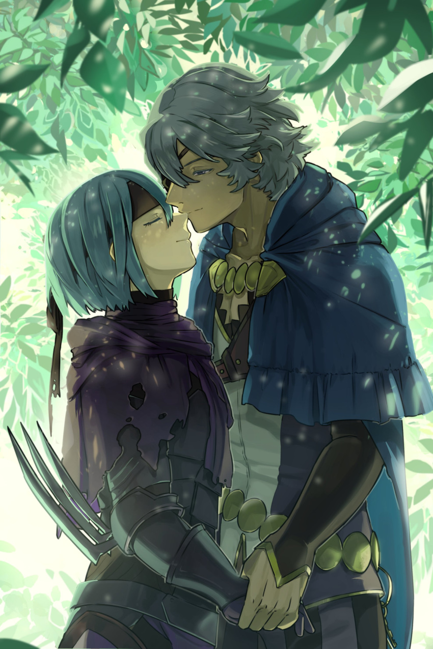 1boy 1girl absurdres armor beruka_(fire_emblem) blue_capelet blue_hair capelet couple eyepatch fire_emblem fire_emblem_fates headband hetero highres holding_hands misokatsuhaumai niles_(fire_emblem)