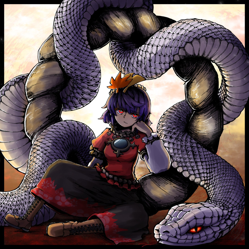 1girl black_border black_skirt border bored hand_on_own_chin highres hurin_raika looking_at_viewer purple_hair red_eyes red_shirt shirt short_hair sitting skirt snake solo touhou white_shirt yasaka_kanako