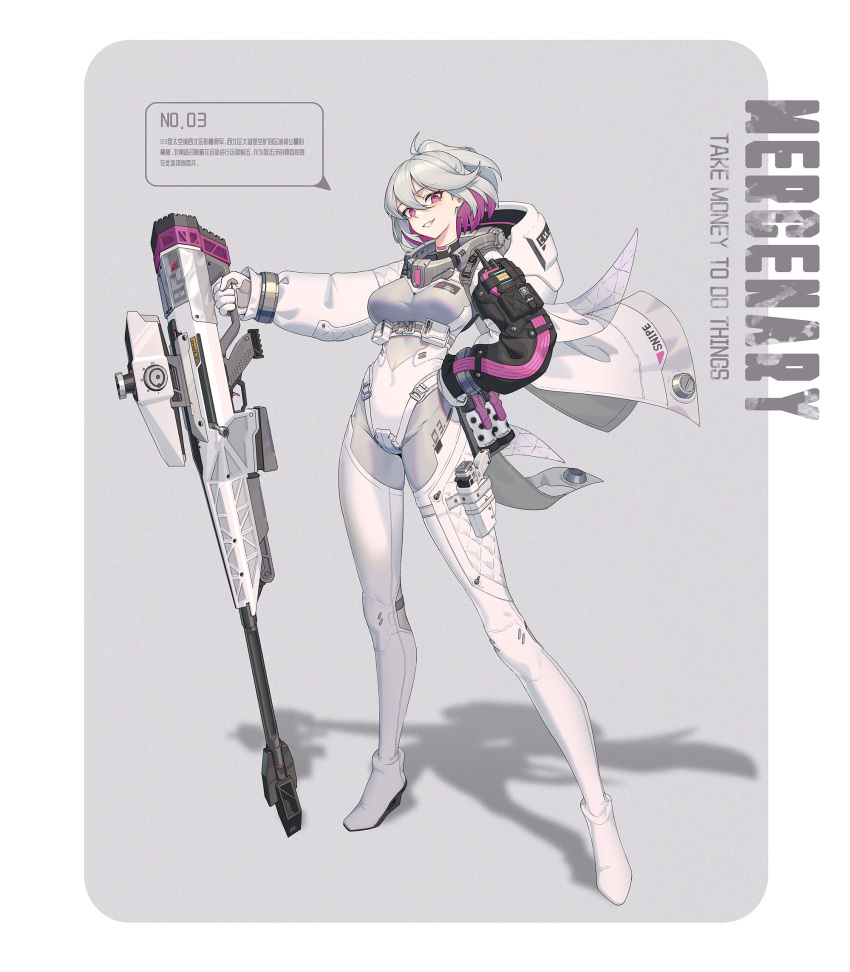 1girl anti-materiel_rifle asymmetrical_sleeves bodysuit colored_inner_hair covered_navel fysc gloves grey_background grey_hair grin gun hand_on_own_hip high_heels highres holding holding_gun holding_weapon looking_at_viewer medium_hair multicolored_hair original purple_eyes purple_hair rifle science_fiction shadow short_hair skin_tight smile sniper_rifle solo standing two-tone_hair weapon wedge_heels white_bodysuit white_gloves wind wind_lift
