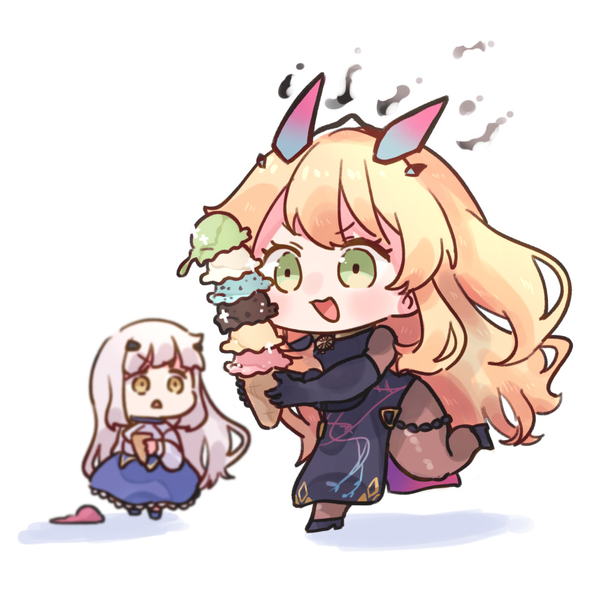 2girls black_gloves blonde_hair dress elbow_gloves eyebrows_hidden_by_hair fairy_knight_gawain_(fate) fairy_knight_lancelot_(fate) fate/grand_order fate_(series) food gloves green_eyes hair_between_eyes hair_ornament hairclip highres holding holding_food ice_cream long_hair looking_at_another multiple_girls open_mouth running shigure_(ffrh7824) skirt smile white_hair yellow_eyes