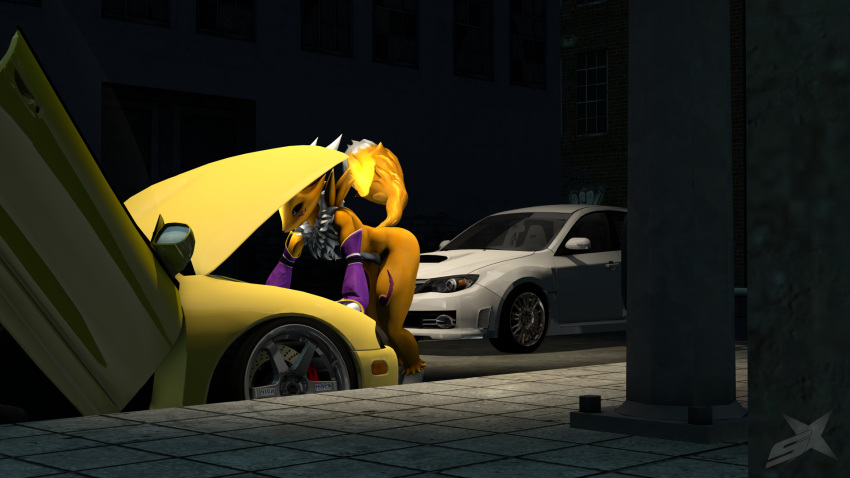 a2k alley anthro armwear bandai_namco blue_eyes bridal_gauntlets canid canine car clothing digimon digimon_(species) dipstick_tail female fox fur hi_res mammal markings mitsubishi night purple_markings renamon solo subaru tail tail_markings vehicle yellow_body yellow_fur