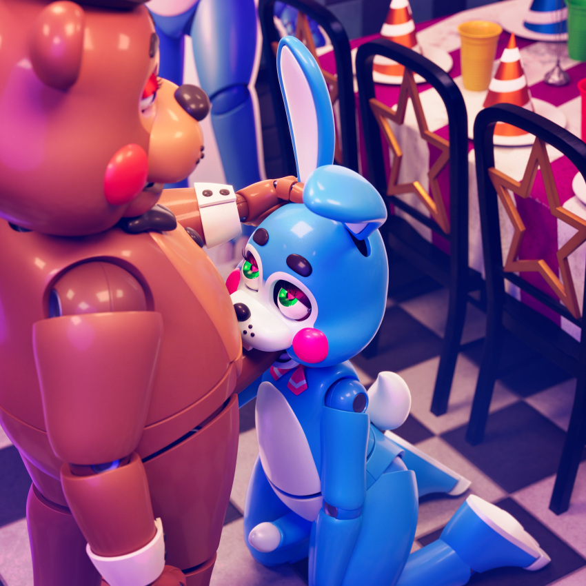&lt;3 &lt;3_eyes 3d_(artwork) absurd_res anthro ascot ashleyorange bear black_nose blue_body blue_penis bow_tie brown_body brown_penis buckteeth chair clothing container countershading cup digital_media_(artwork) duo fellatio five_nights_at_freddy's five_nights_at_freddy's_2 floor fluffy fluffy_tail furniture genitals hand_on_another's_head hat headgear headwear hi_res humanoid kneeling lagomorph leporid looking_at_another looking_up machine male male/male mammal oral party_hat penile penis penis_on_face plate rabbit restaurant robot robot_humanoid rosy_cheeks scottgames sex slightly_chubby table tail teeth tile tile_floor toy_bonnie_(fnaf) toy_freddy_(fnaf) white_body white_countershading