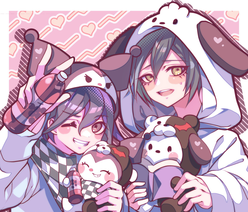 2boys :d ;d blush book bottle brown_eyes checkered_clothes checkered_scarf copyright_request cosplay danganronpa_(series) danganronpa_v3:_killing_harmony grin hair_between_eyes heart highres holding holding_book holding_bottle hood hood_up looking_at_viewer male_focus monokuma monokuma_(cosplay) multiple_boys nota_sayaka oma_kokichi one_eye_closed open_book red_eyes saihara_shuichi scarf smile teeth upper_body upper_teeth_only w