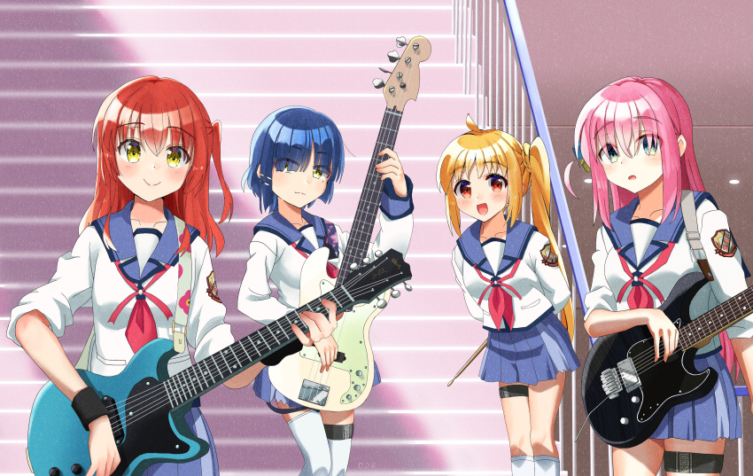 4girls absurdres ahoge angel_beats! bass_guitar blonde_hair blue_eyes blue_hair blue_skirt bocchi_the_rock! cube_hair_ornament drumsticks electric_guitar fender_precision_bass gotoh_hitori green_eyes guitar hair_ornament hair_over_eyes highres ijichi_nijika instrument kita_ikuyo long_hair mole mole_under_eye multiple_girls odk_360 pink_hair red_eyes red_hair school_uniform serafuku shinda_sekai_sensen_uniform shirt short_hair side_ponytail skirt socks stairs thigh_strap white_shirt white_socks yamada_ryo yamaha_pacifica yellow_eyes