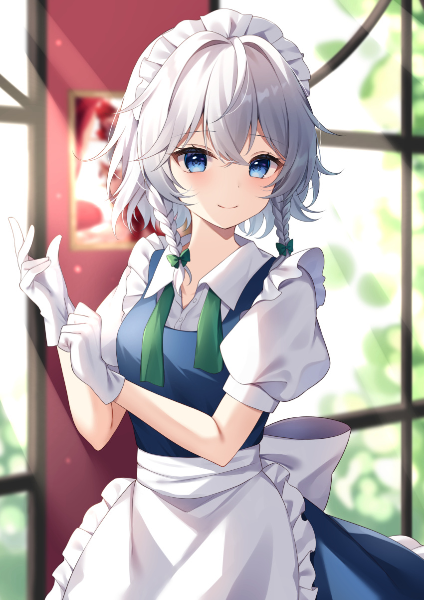 1girl apron blue_dress blue_eyes braid breasts closed_mouth collared_shirt dress frilled_apron frills gloves grey_hair hair_between_eyes highres izayoi_sakuya looking_at_viewer maid maid_apron maid_headdress medium_breasts miy@ puffy_short_sleeves puffy_sleeves shirt short_hair short_sleeves smile solo touhou twin_braids white_apron white_gloves white_shirt