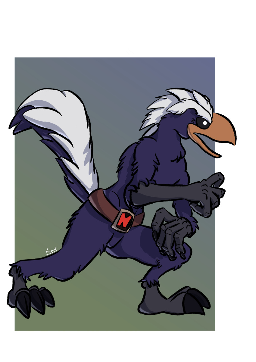 2023 absurd_res activision ambiguous_gender anthro beak belt biped black_claws black_sclera claws crash_bandicoot_(series) full-length_portrait fur geometric_background head_crest hi_res hpiola orange_beak portrait purple_body purple_fur simple_background solo standing stench_(crash_bandicoot) tail titan_(crash_bandicoot) toe_claws