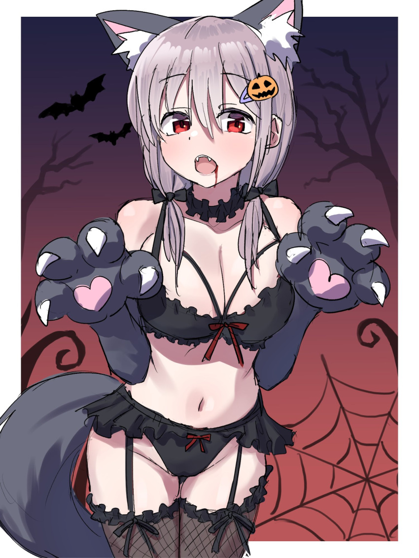 1girl animal_ears animal_hands bare_tree bat_(animal) black_bra black_choker black_gloves black_panties black_thighhighs blood blood_from_mouth bow bow_bra bow_panties bra breasts choker claw_pose cleavage commentary cowboy_shot fangs fishnet_thighhighs fishnets frilled_bra frilled_choker frilled_panties frilled_thighhighs frills garter_straps gloves grey_hair hair_ornament hairclip halloween halloween_costume highres jack-o'-lantern jack-o'-lantern_hair_ornament large_breasts lingerie looking_at_viewer low_twintails medium_hair mori_ayumi open_mouth oribe_arata original panties paw_gloves red_eyes silk solo spider_web standing tail thighhighs tree twintails underwear underwear_only wolf_ears wolf_tail
