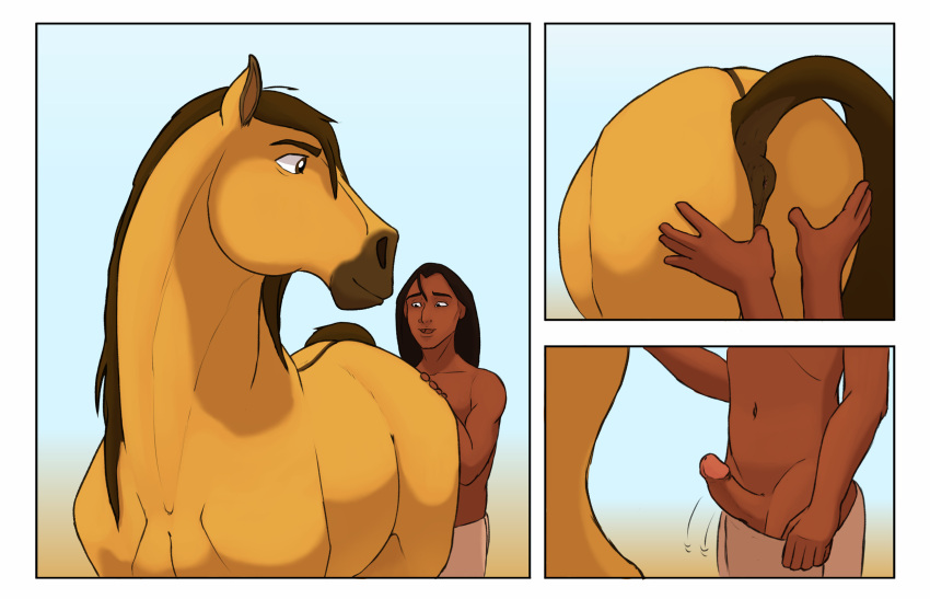 anatomically_correct anatomically_correct_anus anus bestiality big_anus big_butt butt butt_grab dreamworks ekayas equid equine equine_anus erection feral genitals hand_on_butt hi_res horse human human_on_feral interspecies larger_feral little_creek male male/male mammal penis puffy_anus size_difference smaller_human spirit:_stallion_of_the_cimarron spirit_(cimarron)