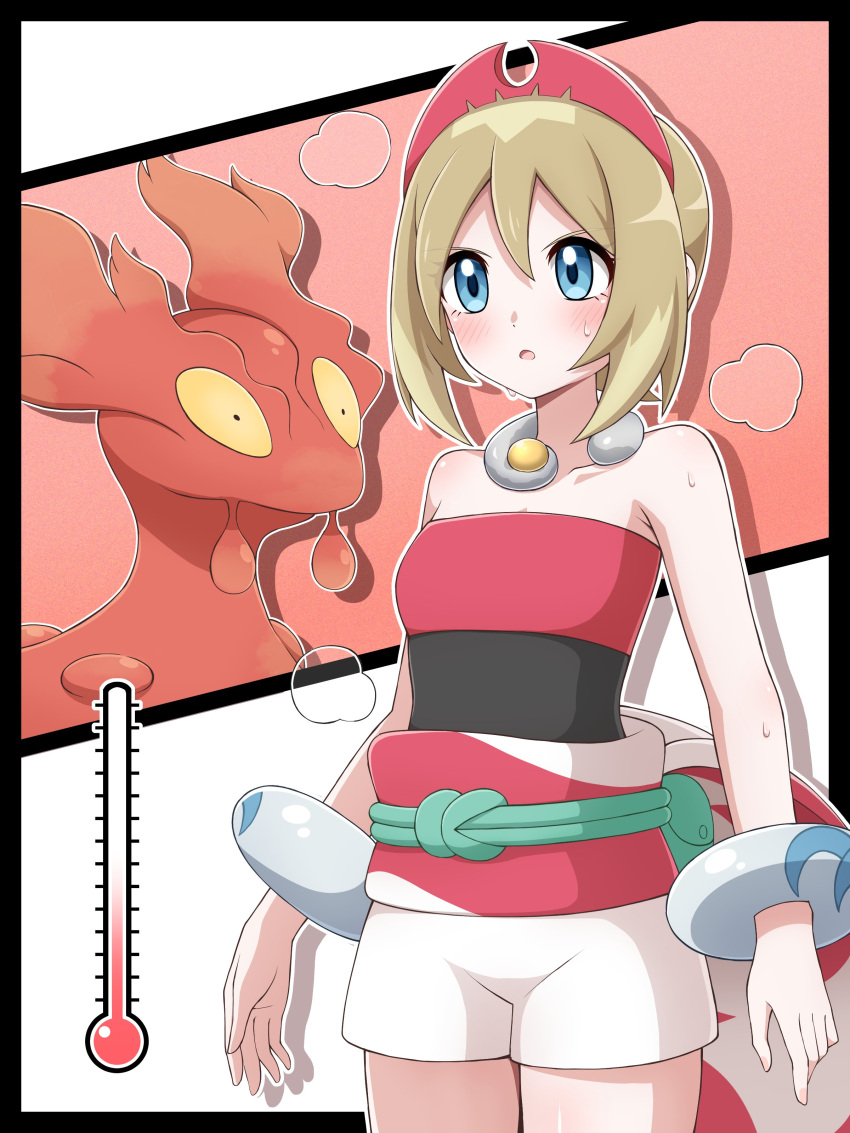 1girl :o absurdres blonde_hair blue_eyes blush bracelet collar commentary_request cowboy_shot green_bag hairband highres hot irida_(pokemon) jewelry medium_hair outline pink_hairband pokemon pokemon_(creature) pokemon_(game) pokemon_legends:_arceus sash shabana_may shirt short_shorts shorts slugma steam strapless strapless_shirt sweat temperature waist_cape white_shorts