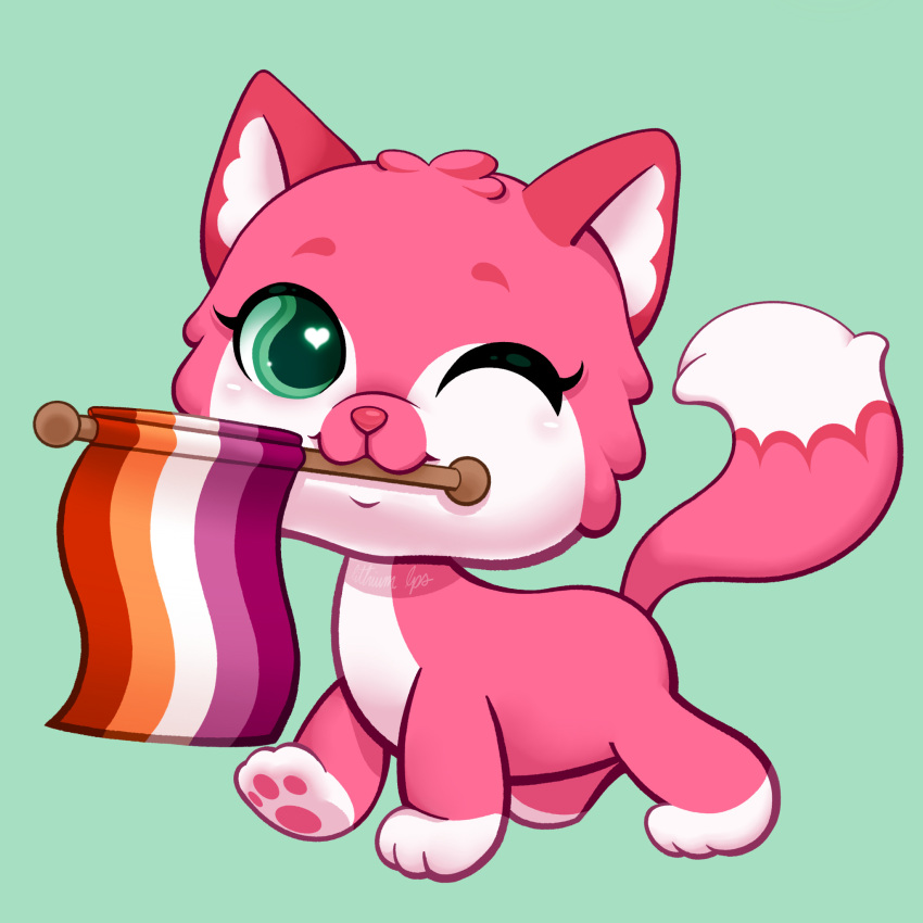 &lt;3 &lt;3_eyes ambiguous_gender big_head blush chibi domestic_cat eyebrows fan_character felid feline felis feral flag fur green_eyes hasbro head_tuft hi_res holding_flag holding_object leg_markings lesbian_pride_colors lgbt_pride lithiumlps littlest_pet_shop mammal markings one_eye_closed pawpads paws pink_body pink_fur pink_nose prick_ears pride_colors smile socks_(marking) solo style_parody tuft walking wink