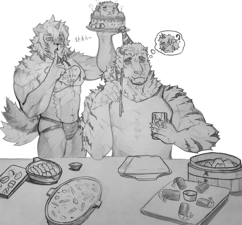 2boys abs animal_ears arknights bara birthday birthday_cake bulge cake character_cake eating facial_hair food furry furry_male goatee greyscale highres holding holding_cake holding_food hung_(arknights) jockstrap kenken19098419 large_pectorals male_focus male_underwear monochrome mountain_(arknights) multiple_boys muscular muscular_male nipples pectorals scar scar_across_eye scar_on_arm short_hair stomach table tail tail_wagging tank_top thick_eyebrows thought_bubble tiger_boy tiger_ears topless_male underwear upper_body yaoi