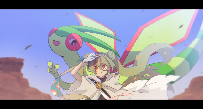 1girl black_shirt blue_sky cliff cloak closed_mouth commentary double_bun flygon gloves green_hair hair_between_eyes hair_bun hand_up happy hatsune_miku highres hood hooded_cloak looking_afar motosuke open_mouth outdoors pokemon pokemon_(creature) project_voltage red_eyes shirt sky smile solo spiked_hair upper_body vocaloid white_cloak white_gloves
