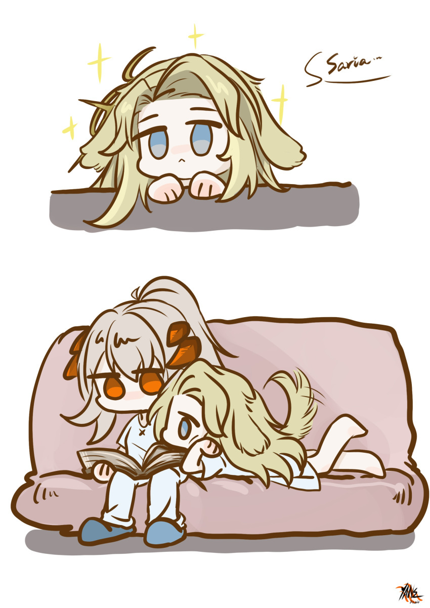 2girls :&lt; absurdres alternate_hairstyle animal_ears arknights blonde_hair blue_eyes book chibi commentary_request couch grey_hair highres jitome kirsten_(arknights) long_hair multiple_girls pants ponytail saria_(arknights) shirt simple_background sitting slippers tail white_background white_pants white_shirt yane_(xingchenai184)