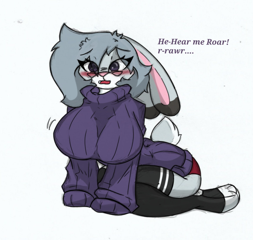 anthro big_breasts blush breasts clothing disney english_text eyewear female glasses pace-maker solo sweater text thick_thighs topwear violet_hopps zootopia