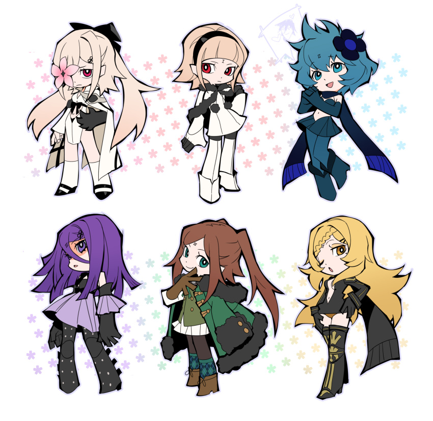 6+girls black_bow black_hairband blonde_hair blue_hair boots bow breasts brown_hair chibi child's_drawing coat drag-on_dragoon drag-on_dragoon_3 dress five_(drag-on_dragoon) flower flower_over_eye four_(drag-on_dragoon) fur_trim gloves hair_bow hairband hand_on_own_hip highres long_hair mole mole_under_eye multiple_girls neekosiah one_(drag-on_dragoon) one_eye_closed open_mouth own_hands_together panty_&amp;_stocking_with_garterbelt parody parted_lips pink_flower purple_eyes purple_hair red_eyes scarf short_hair skirt standing style_parody three_(drag-on_dragoon) two_(drag-on_dragoon) yellow_eyes zero_(drag-on_dragoon)