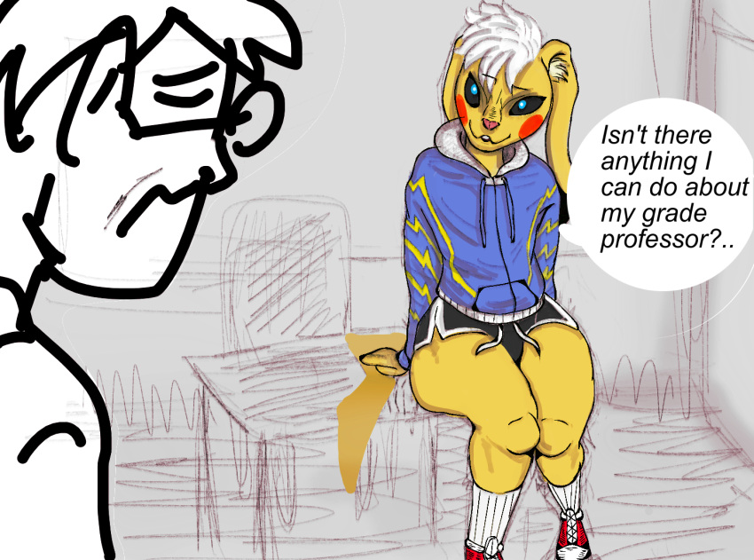 age_difference anthro bottomwear clothing college duo hoodie humanoid male male/male nintendo older_male pikachu_(spec pineathyl pokemon pokemon_(species) professor school seductive shorts sketch thick_thighs topwear unprofessional_behavior