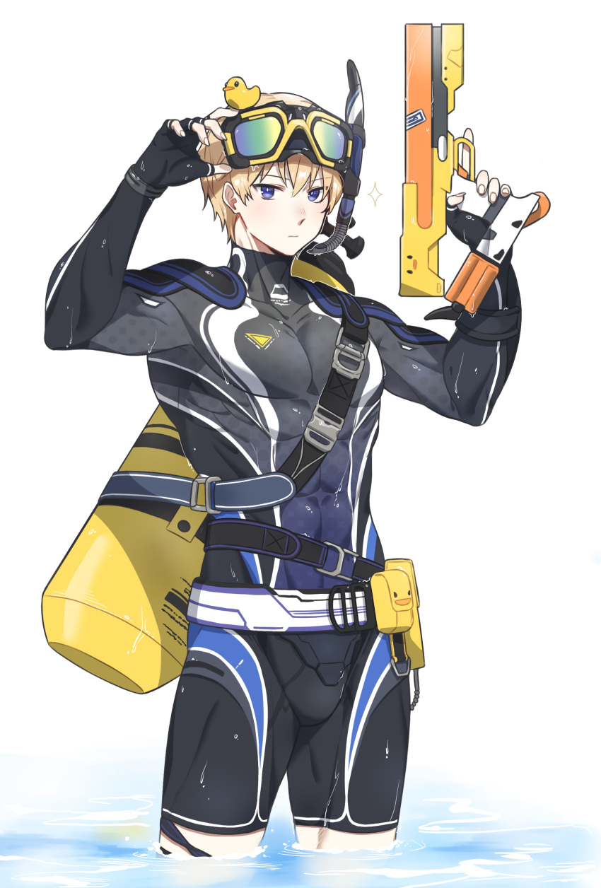 123ab456c absurdres black_wetsuit goggles goggles_on_head highres holding holding_water_gun lee:_hyperreal_(punishing:_gray_raven) light_brown_hair partially_submerged punishing:_gray_raven rubber_duck short_hair snorkel water_gun wet