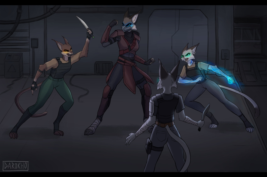 absurd_res amber_eyes anthro arm_wraps armor blue_eyes brown_body brown_fur caracal caracal_(genus) chin_tuft clothed clothing darokho detailed_background digitigrade dipstick_tail ear_piercing facial_tuft felid feline female fight foot_wraps fur gloves glowing glowing_eyes green_eyes grey_body grey_fur group handwear hi_res knife kukri ladder_piercing larger_female long_ears long_tail lynx magic mammal markings piercing rear_view science_fiction sibling_(lore) signature sister_(lore) sisters_(lore) size_difference tail tail_markings vahdira wraps