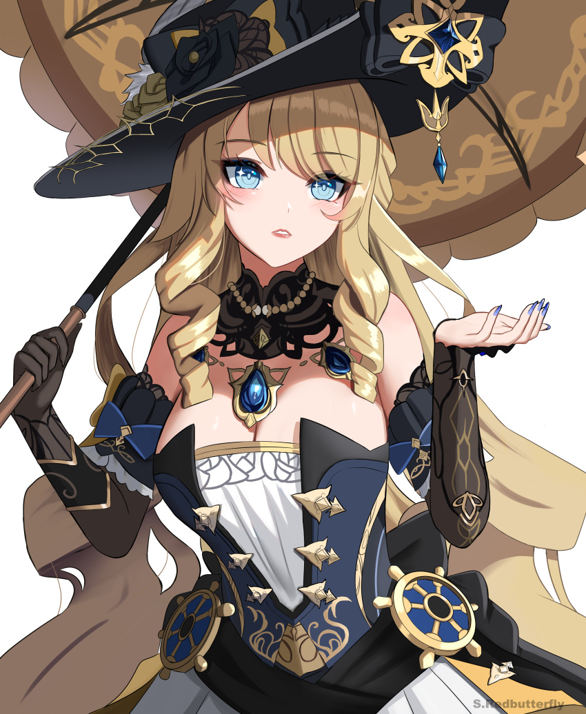 absurdres bare_shoulders black_flower black_headwear black_robe blonde_hair blue_dress blue_eyes blue_gemstone blue_nails blush breasts cleavage detached_collar detached_sleeves dress drill_hair drill_sidelocks flower gem genshin_impact hat hat_feather hat_flower highres holding holding_umbrella large_breasts long_hair looking_at_viewer nail_polish navia_(genshin_impact) robe s_redbutterfly ship's_wheel sidelocks simple_background strapless strapless_dress tricorne two-tone_dress umbrella white_background white_dress