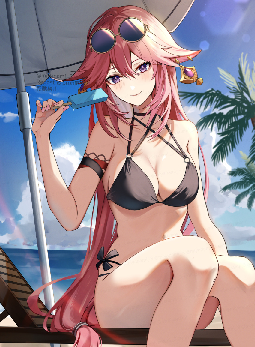 1girl animal_ears arm_strap bare_shoulders beach_umbrella bikini black_bikini blue_sky blush breasts cloud commentary_request day eyewear_on_head feet_out_of_frame food fox_ears genshin_impact hair_between_eyes hand_up highres holding holding_food large_breasts long_hair looking_at_viewer miyanami_3 navel pink_hair popsicle purple_eyes sitting sky smile solo stomach sunglasses swimsuit thighs umbrella very_long_hair yae_miko