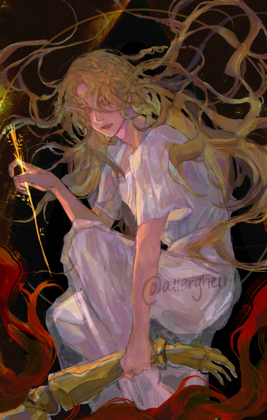 1boy 1girl allerghen blonde_hair braid brother_and_sister dress elden_ring floating_hair gold_needle hair_over_eyes highres holding holding_another's_wrist holding_needle long_hair looking_at_viewer malenia_blade_of_miquella miquella_(elden_ring) multiple_braids needle out_of_frame prosthesis prosthetic_arm red_hair robe see-through see-through_dress siblings squatting twins very_long_hair white_robe yellow_eyes