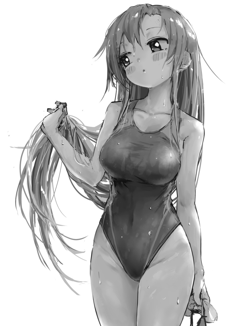 1girl :o blush breasts competition_swimsuit goshiki_agiri greyscale hair_between_eyes highleg highleg_swimsuit highres holding kill_me_baby large_breasts long_hair monochrome one-piece_swimsuit parted_lips simple_background solo swimsuit very_long_hair wet wet_clothes wet_hair wet_swimsuit yachima_tana