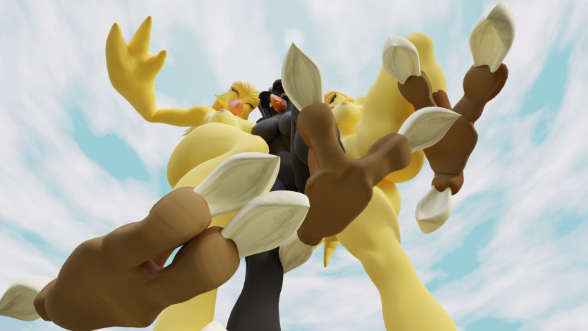 3_toes animal_humanoid anthro avian avian_feet avian_humanoid chocobo claws convenient_censorship dominant ewhattin feet female final_fantasy first_person_view foot_focus group hi_res humanoid looming_over on_ground spread_toes square_enix stomping stomping_pov stomping_viewer talons toe_claws toes trio
