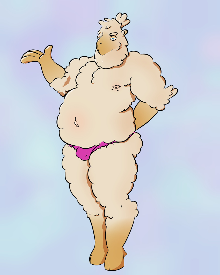4_fingers absurd_res anthro bovid caprine clothing fingers fluffy fungi_draws hair hi_res hooves male mammal overweight pink_clothing pink_underwear ponytail shaded sheep simple_background simple_shading solo thong underwear