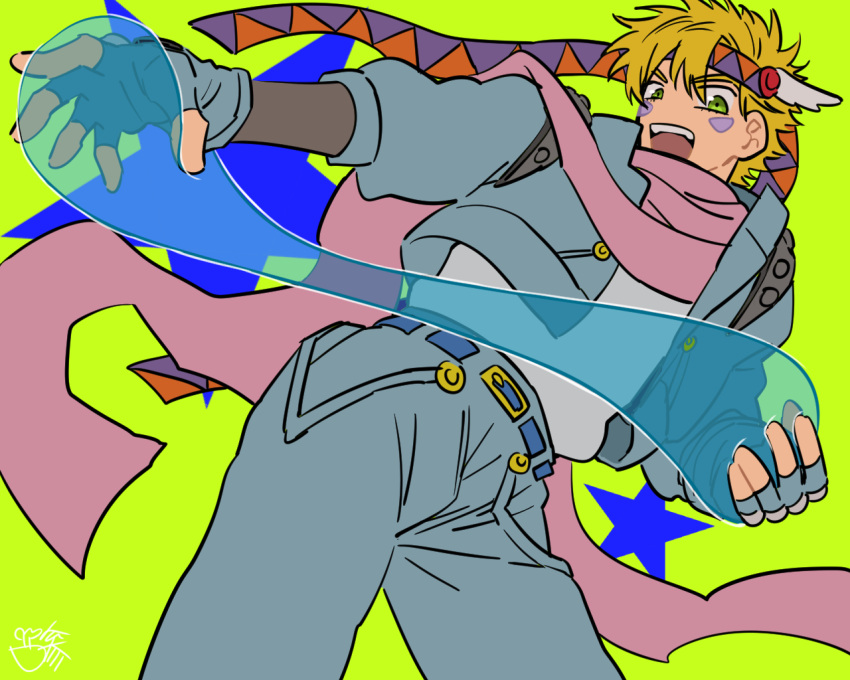 1boy battle_tendency blonde_hair bubble caesar_anthonio_zeppeli carota327 facial_mark fangs feather_hair_ornament feathers fingerless_gloves flat_color gloves green_eyes hair_ornament headband hydrokinesis jojo_no_kimyou_na_bouken male_focus pink_scarf scarf solo triangle_print water
