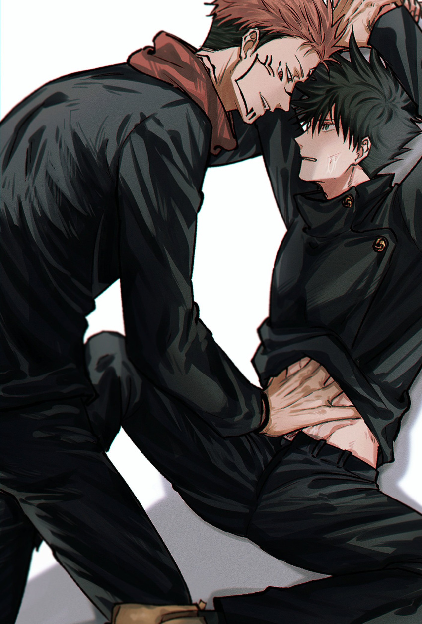 2boys arm_tattoo arms_up black_hair black_jacket black_pants buttons commentary_request extra_eyes facial_tattoo fushiguro_megumi fushirun_rung green_eyes hand_on_another's_stomach hand_under_clothes high_collar highres holding_another's_wrist hood hoodie jacket jujutsu_kaisen long_sleeves looking_at_another male_focus multiple_boys pants pink_hair red_eyes red_hoodie ryoumen_sukuna_(jujutsu_kaisen) school_uniform scratches shoes short_hair spiked_hair tattoo teeth yaoi