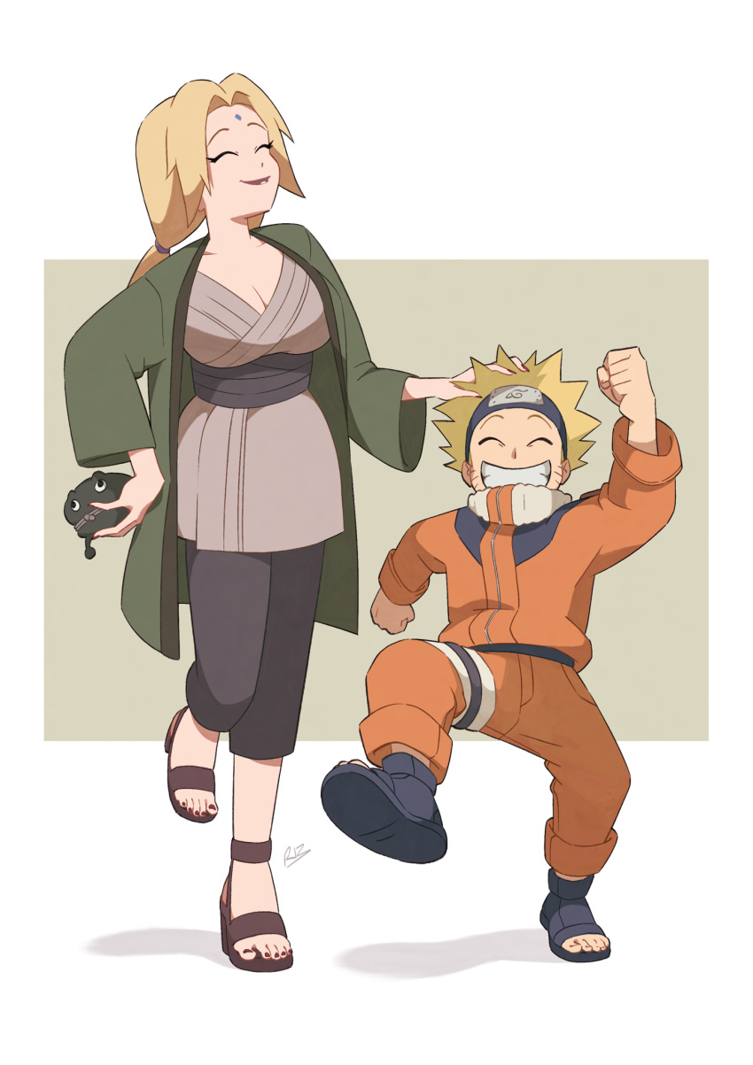 1boy 1girl blonde_hair breasts cleavage clenched_hands closed_eyes english_commentary googly_eyes hand_in_another's_hair hand_on_another's_head headband highres holding jumpsuit leg_up maid_headdress male_child naruto naruto_(series) orange_jumpsuit ponytail rectangle rizwan_rafiq robe sandals signature simple_background smile tsunade_(naruto) uzumaki_naruto white_background