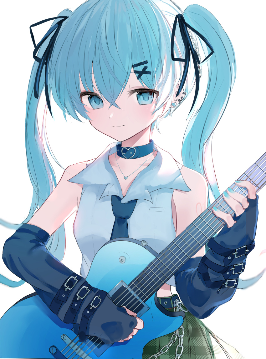 1girl absurdres black_collar black_gloves black_necktie black_ribbon blue_eyes blue_hair blue_nails closed_mouth collar collarbone collared_shirt commentary ear_piercing earrings elbow_gloves electric_guitar fingerless_gloves gloves green_skirt guitar hair_between_eyes hair_ornament hair_ribbon hairclip hatsune_miku heart heart_earrings highres holding holding_instrument instrument jewelry looking_at_viewer nail_polish necktie piercing plaid plaid_skirt pleated_skirt poono ribbon shirt simple_background skirt sleeveless sleeveless_shirt smile solo twintails vocaloid white_background white_shirt x_hair_ornament