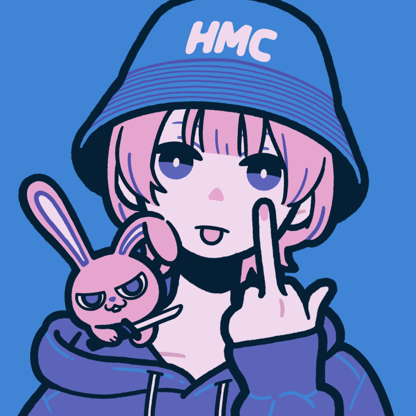 1girl bangs blue_background blue_eyes blue_headwear blue_hoodie blue_theme bright_pupils drawstring highres hood hood_down hoodie knife looking_at_viewer middle_finger original pink_hair pink_nails portrait rabbit short_hair simple_background sleeves_past_wrists solo tongue tongue_out white_pupils yoshi_mi_yoshi