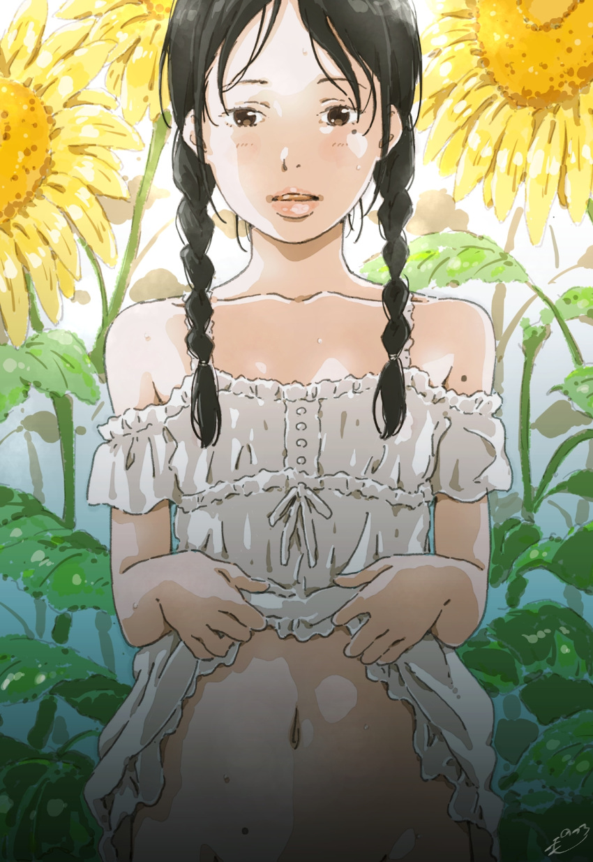 1girl artist_name bare_shoulders black_hair blush braid breasts brown_eyes clothes_lift collarbone commentary day dress dress_lift exhibitionism expressionless field flashing flower flower_field frilled_dress frills groin hair_over_shoulder hair_strand highres lifted_by_self light_blush lips long_hair looking_at_viewer midriff mole mole_on_arm mole_on_stomach mole_under_eye monodevil navel no_panties off-shoulder_dress off_shoulder original out-of-frame_censoring outdoors parted_bangs parted_lips presenting public_indecency short_sleeves signature skirt skirt_lift small_breasts solo straight-on sundress sunflower sweat teasing twin_braids white_dress yellow_flower