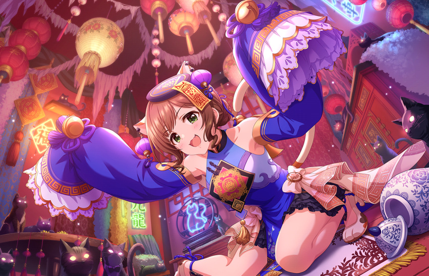 1girl :3 animal_ears armpits arms_up blue_dress blue_sleeves breasts brown_hair cat cat_ears cat_tail china_dress chinese_clothes collarbone covered_collarbone dress dutch_angle fake_animal_ears fang foot_out_of_frame game_cg gold_trim green_eyes hair_ornament idolmaster idolmaster_cinderella_girls idolmaster_cinderella_girls_starlight_stage indoors jiangshi jiangshi_costume lantern legs looking_at_viewer maekawa_miku medium_hair neon_lights official_art on_ground open_mouth paper_lantern shadow simple_background sleeveless sleeves_past_fingers sleeves_past_wrists small_breasts solo tail thighs wide_sleeves