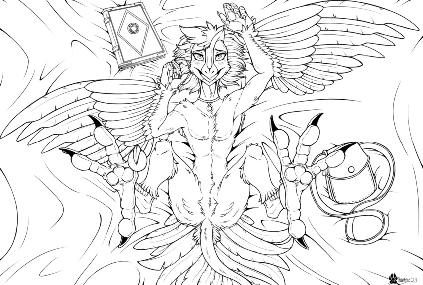 2023 anthro avian bag beak blush blush_lines book claws dakimakura_design feathers feet foot_focus fubuki_(seiji_the_sergal) fur hair half-closed_eyes high-angle_view looking_at_viewer lying male marcushunter narrowed_eyes nevrean nude on_back open_mouth signature solo spread_arms spread_legs spreading tail tail_between_legs tail_feathers toe_claws wings