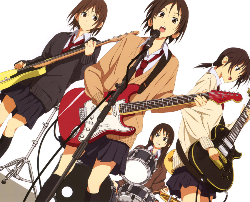 4girls absurdres band bass_guitar brown_eyes brown_hair cardigan drum drum_set dutch_angle electric_guitar fender_precision_bass fender_stratocaster gibson_les_paul guitar highres instrument kajiki long_hair microphone microphone_stand multiple_girls music necktie open_mouth original playing_instrument ponytail scan school_uniform short_hair simple_background singing smile