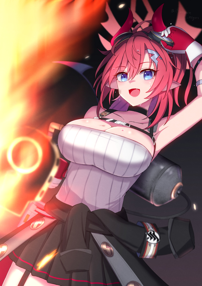 1girl absurdres blue_archive blue_eyes breasts cleavage clothes_around_waist demon_tail fire flamethrower gas_tank gloves goggles goggles_on_head gotokawa_meguro highres horns large_breasts megu_(blue_archive) pleated_skirt pointy_ears red_hair ribbed_shirt shirt skirt sweat tail weapon