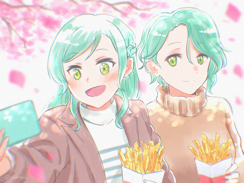 2girls aqua_hair bang_dream! birthday branch brown_jacket brown_sweater cherry_blossoms commentary_request food french_fries green_eyes happy_birthday hikawa_hina hikawa_sayo jacket light_blush light_smile long_hair long_sleeves multiple_girls nature selfie shirt short_hair siblings sisters smile striped striped_shirt sweater twins white_background white_shirt xin_(blueramen)