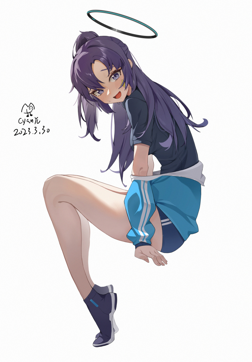 1girl absurdres artist_name blue_archive blue_footwear blue_jacket blue_shirt blue_shorts buruma cyan_yu full_body gym_shorts halo highres invisible_chair jacket knees leaning_forward long_hair looking_at_viewer off_shoulder open_mouth parted_bangs ponytail purple_eyes purple_hair shirt shoes shorts sidelocks signature sitting sneakers solo star_sticker sticker_on_face sweat thighs white_background yuuka_(blue_archive) yuuka_(track)_(blue_archive)